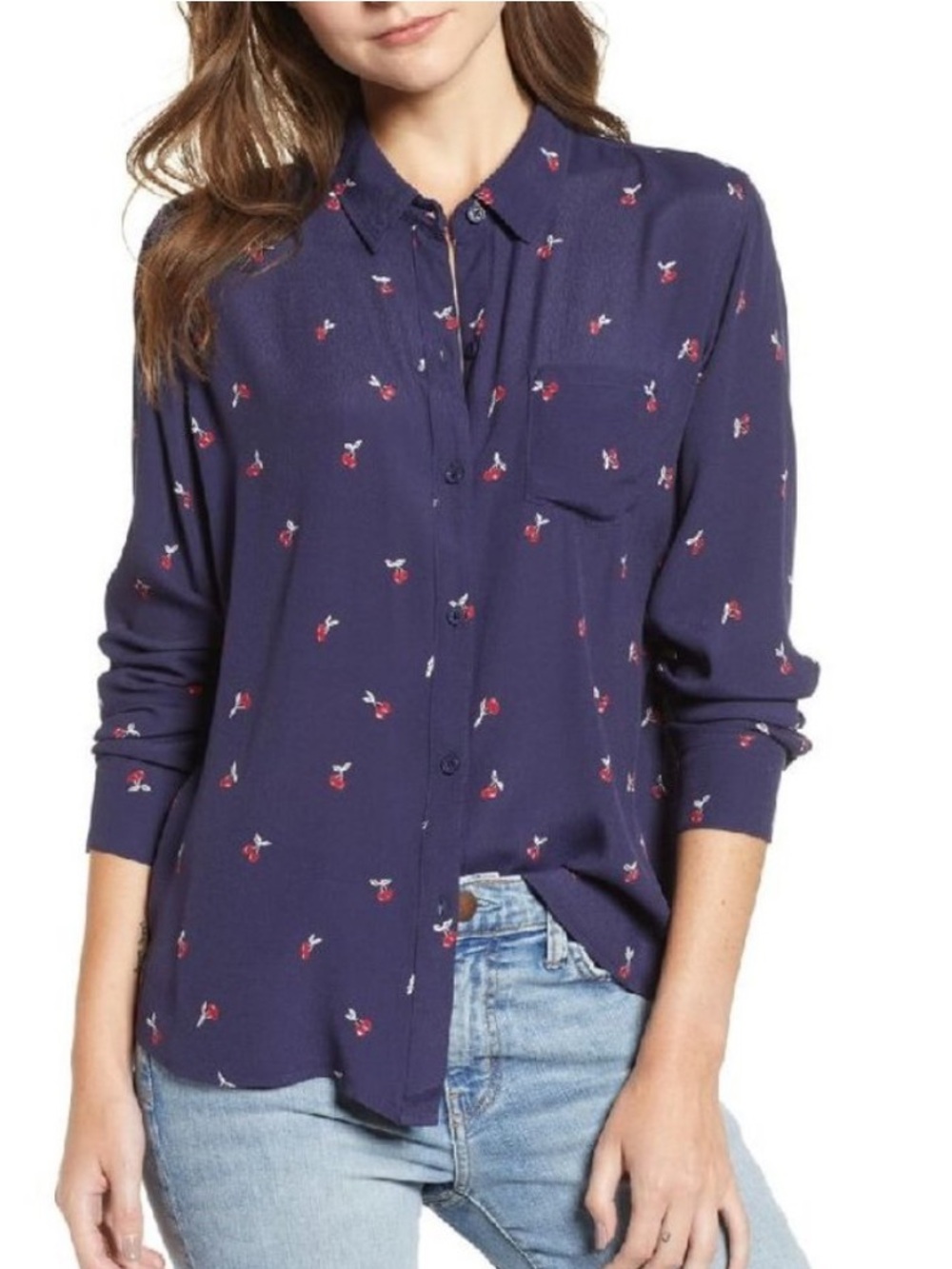 Rails Kate Navy Cherry Print Button Down Shirt Blouse Small